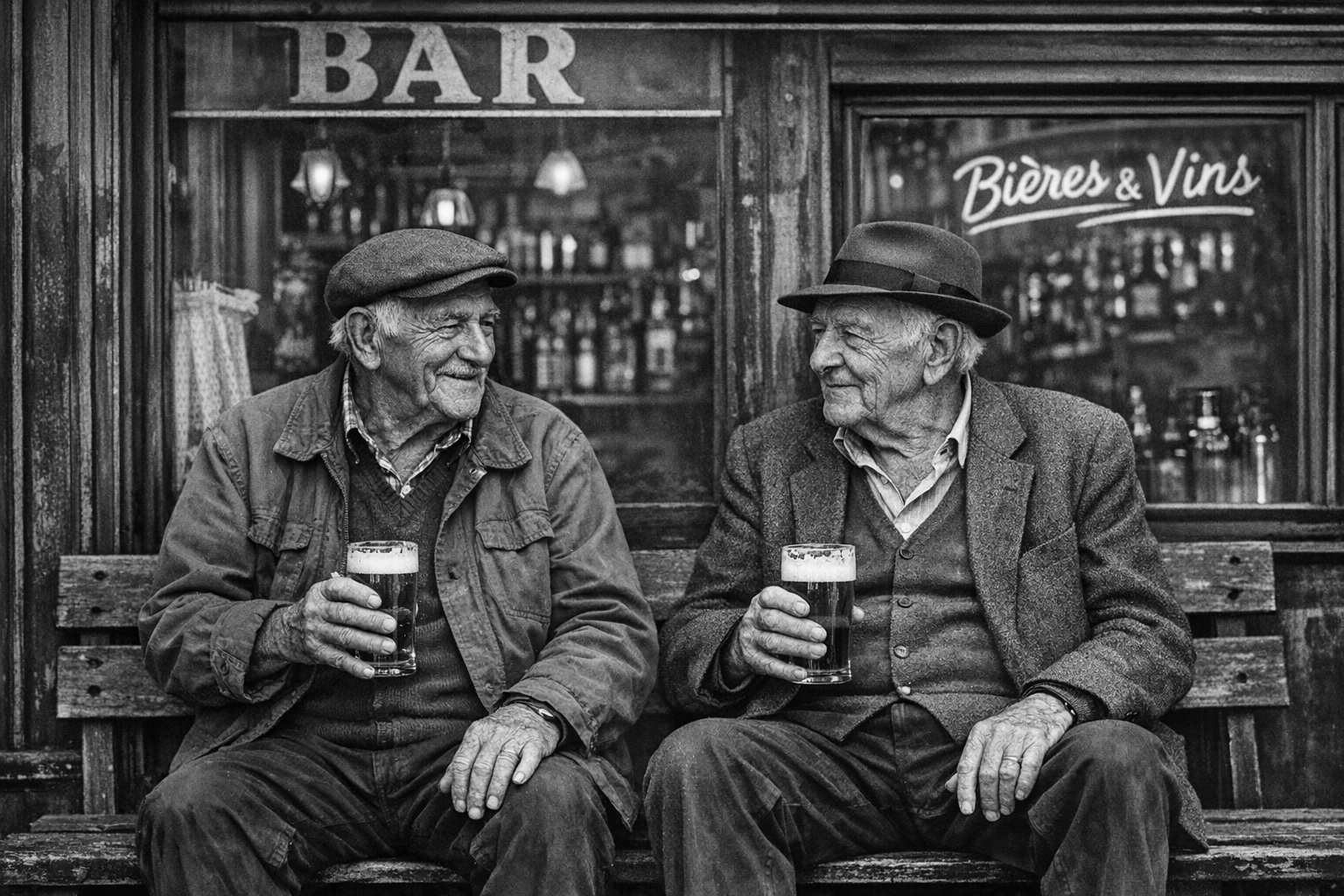 Deux hommes âgés devant un bar buvant une bière
