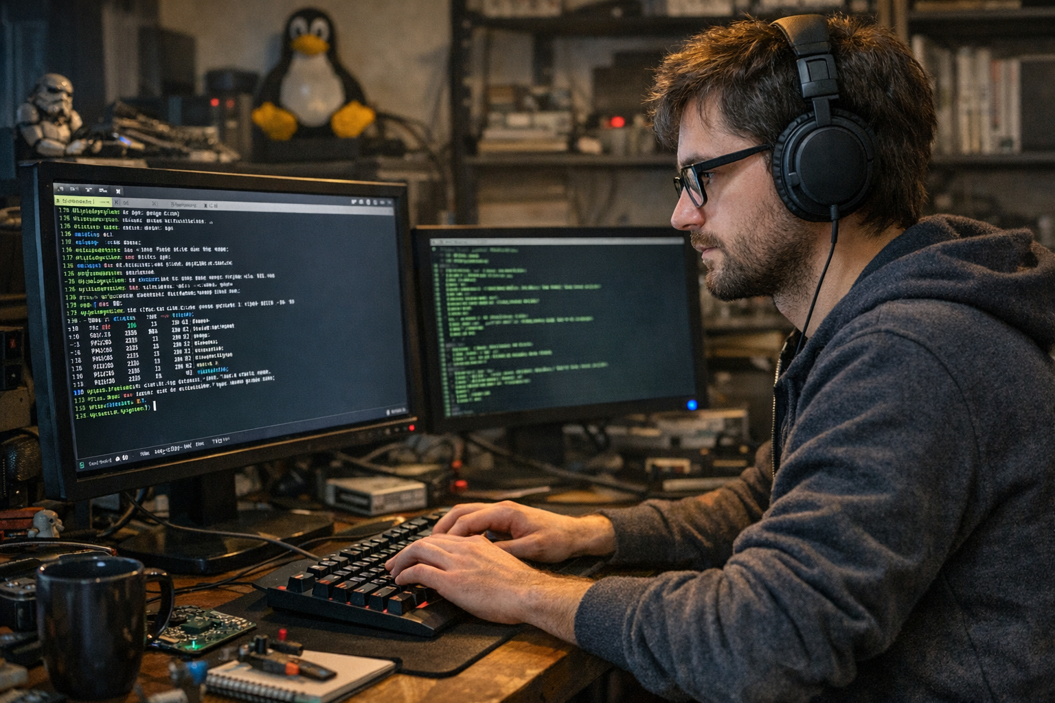 Geek travaillant sur un terminal Linux