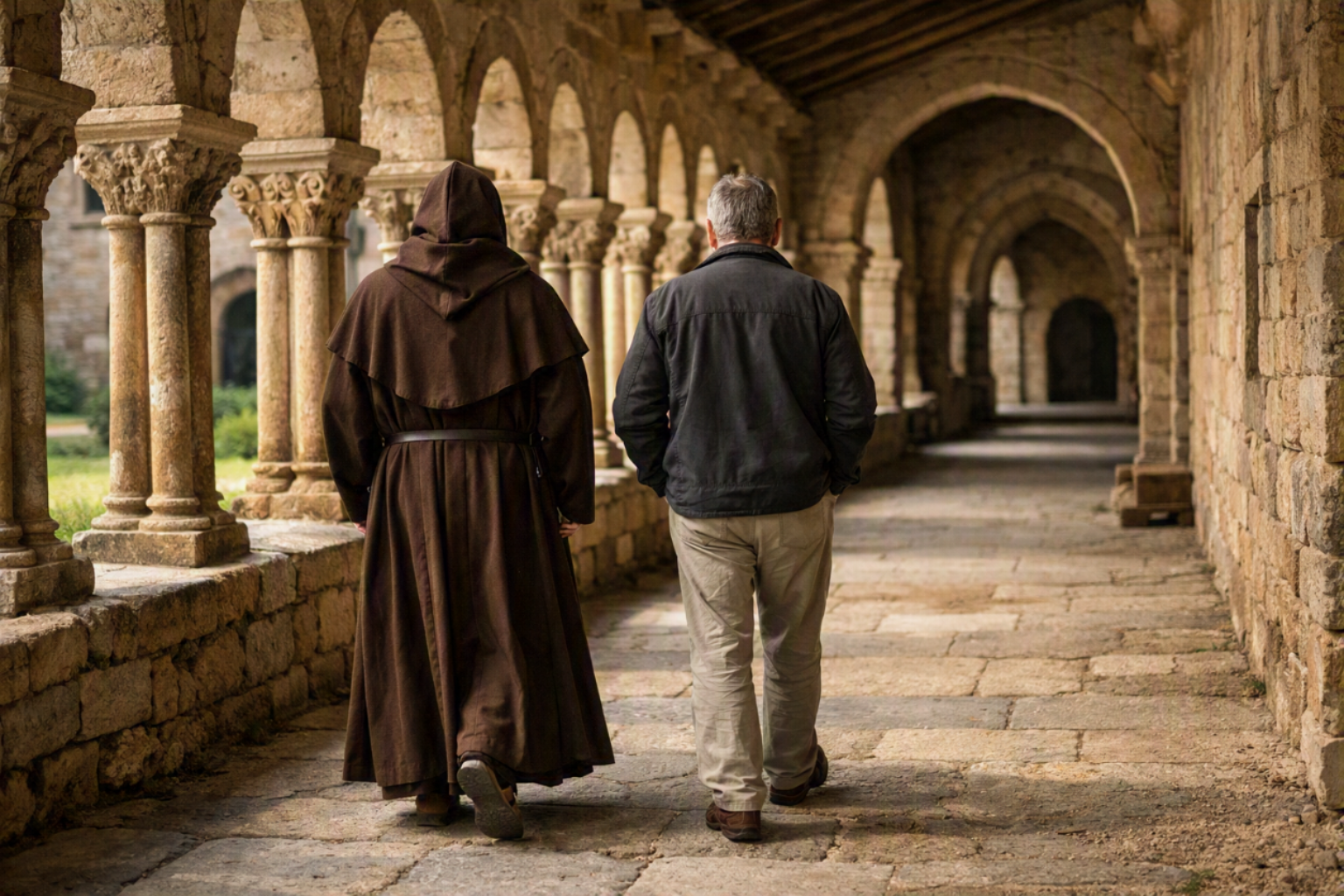 Moine et laïc dans un cloître roman