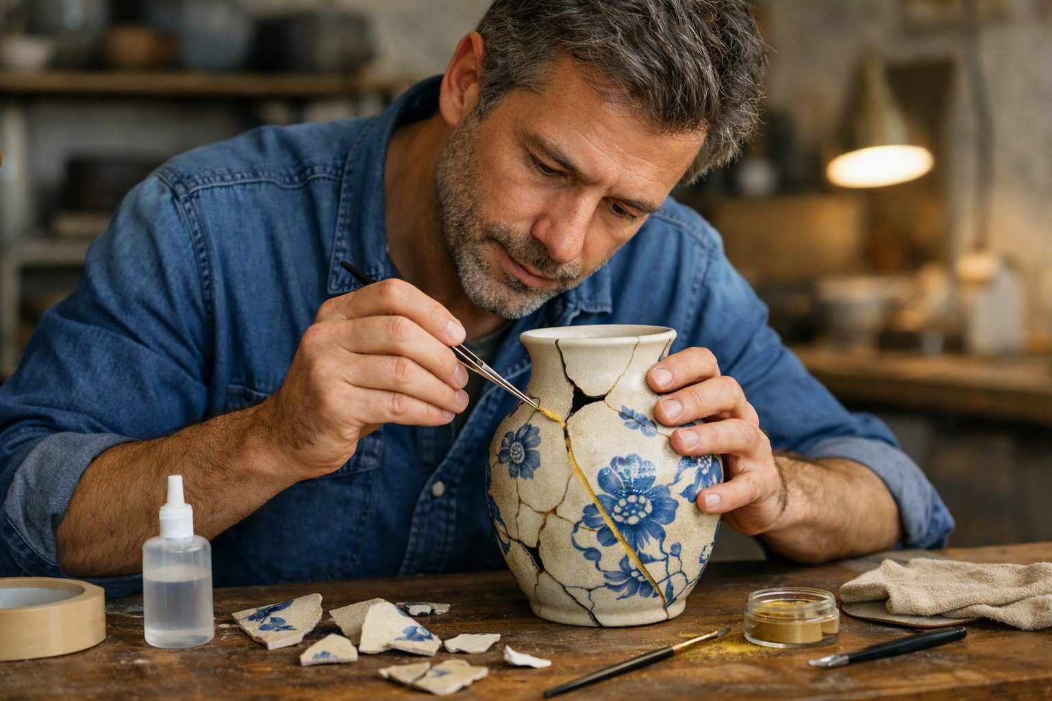 Homme réparant un vase